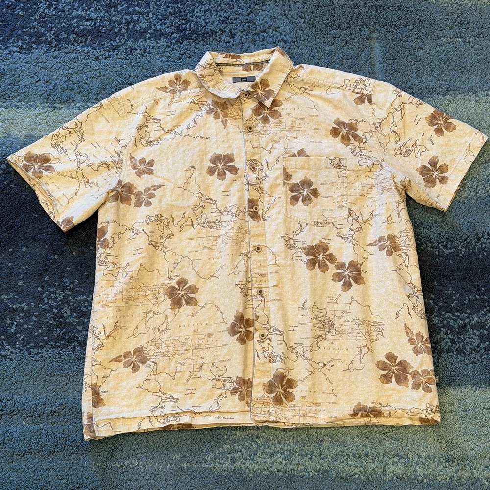 REI Short Sleeve Button Up Shirt Mens XL Hibiscus Map Tropical Camp Beige